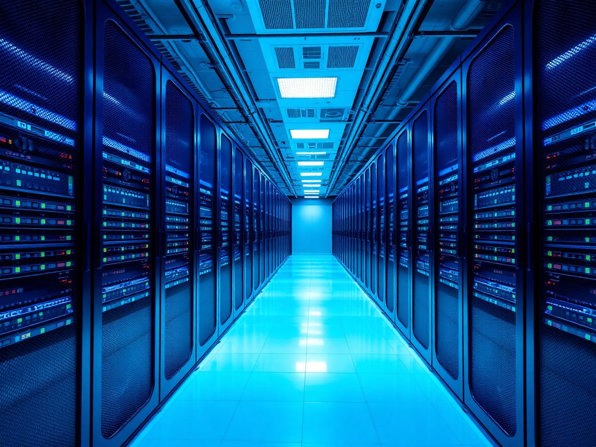 Illuminated server racks in a data centre representing cloud hosting infrastructure
