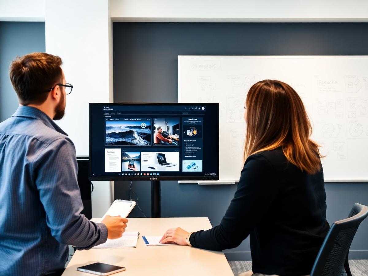 Colleagues discussing an application interface displayed on a large monitor in a meeting room