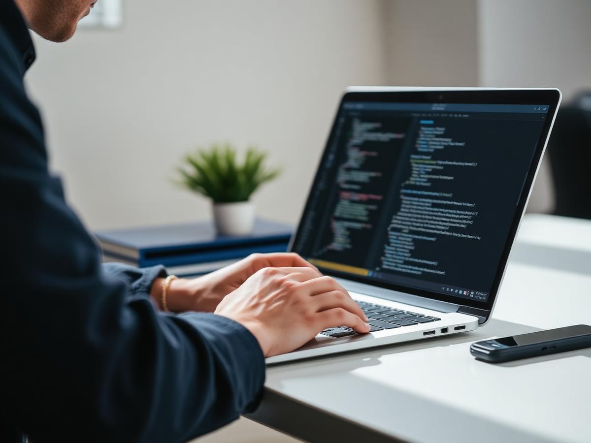Developer working on application source code at a laptop
