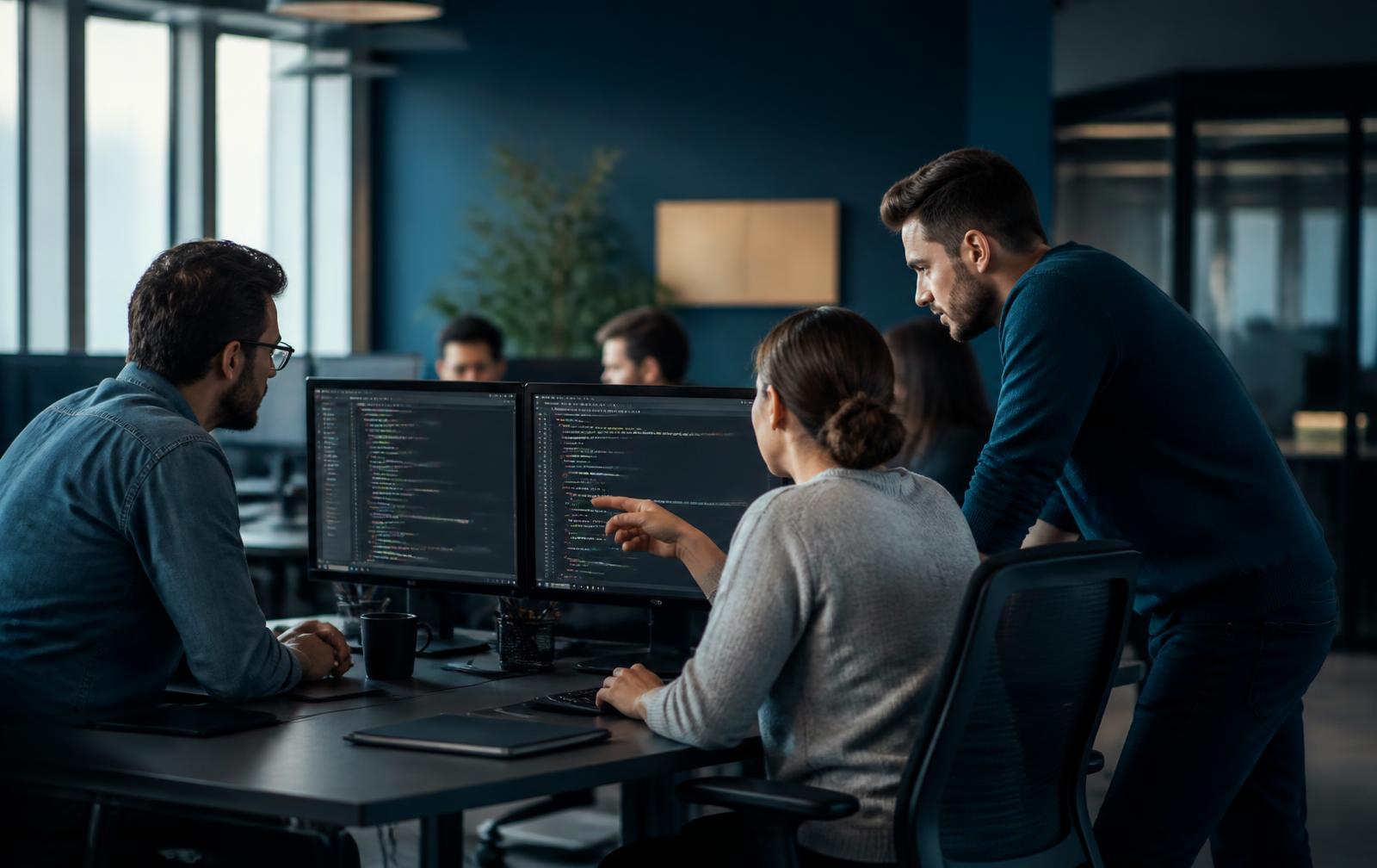 Software development team collaborating around monitors displaying application code
