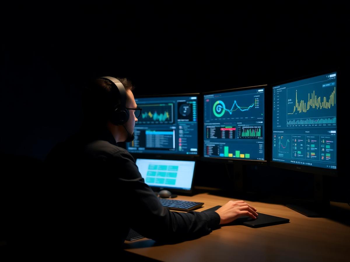 Quality engineer reviewing automated test dashboards on multiple monitors