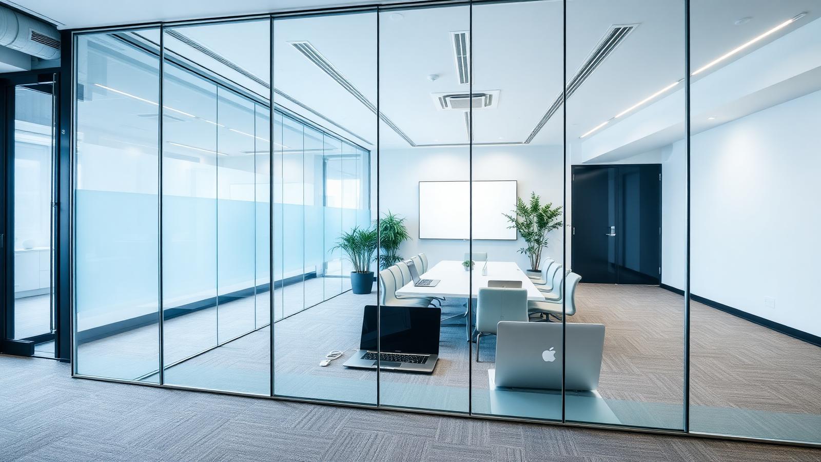 Modern technology office with a glass-walled meeting room and laptops on a table